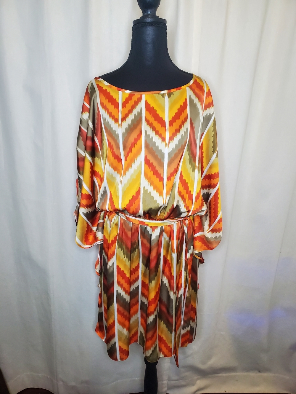 MSK Multicolor Chevron Midi Dress in Orange, Yellow & Brown